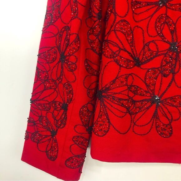 ANAGE Red Black Bead Embroidered Floral Design Holiday Statement Jacket NEW - Picture 5 of 16